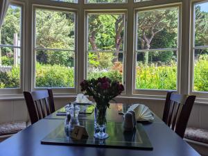 A bright dining room window overlooking greenery